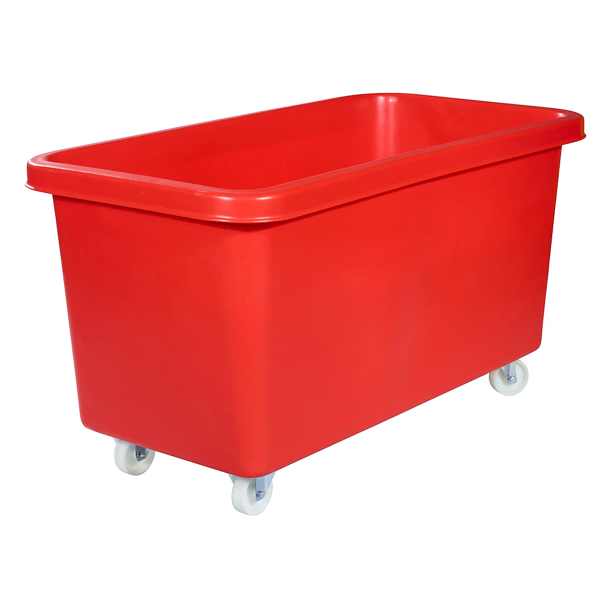 Red, rectangular transport box on wheels.
