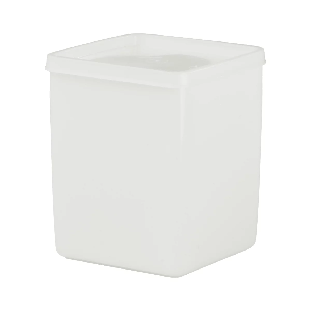 Square, white plastic box with lid. Rectangular shape with rounded edges, slightly transparent.