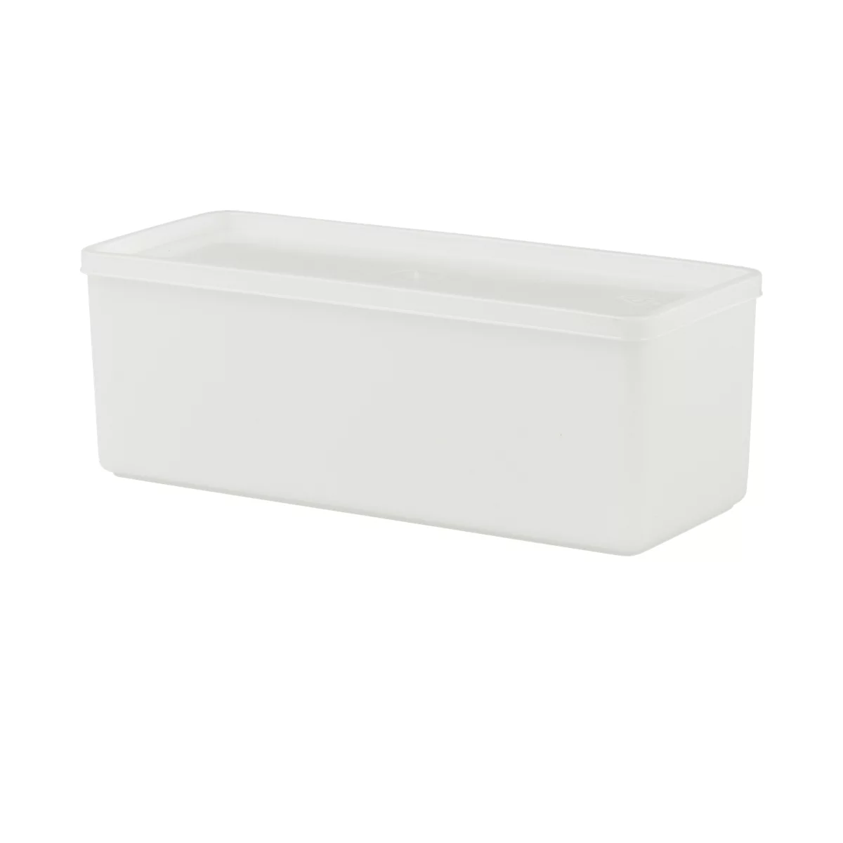 White rectangular container with lid on white background.