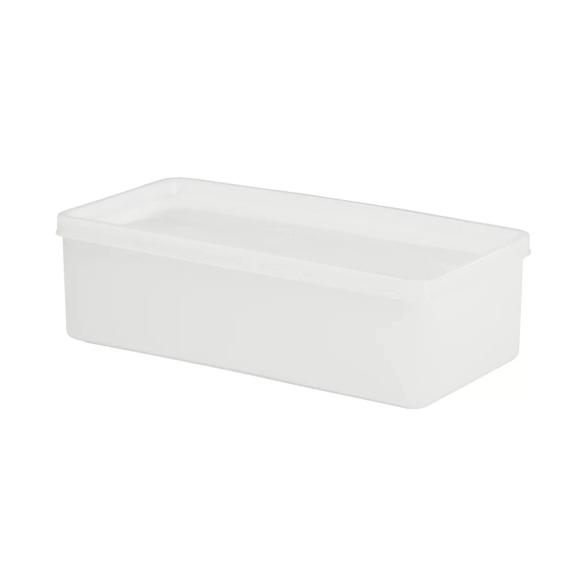 Rectangular, transparent storage box with lid. It is made of plastic and is shown against a neutral background.