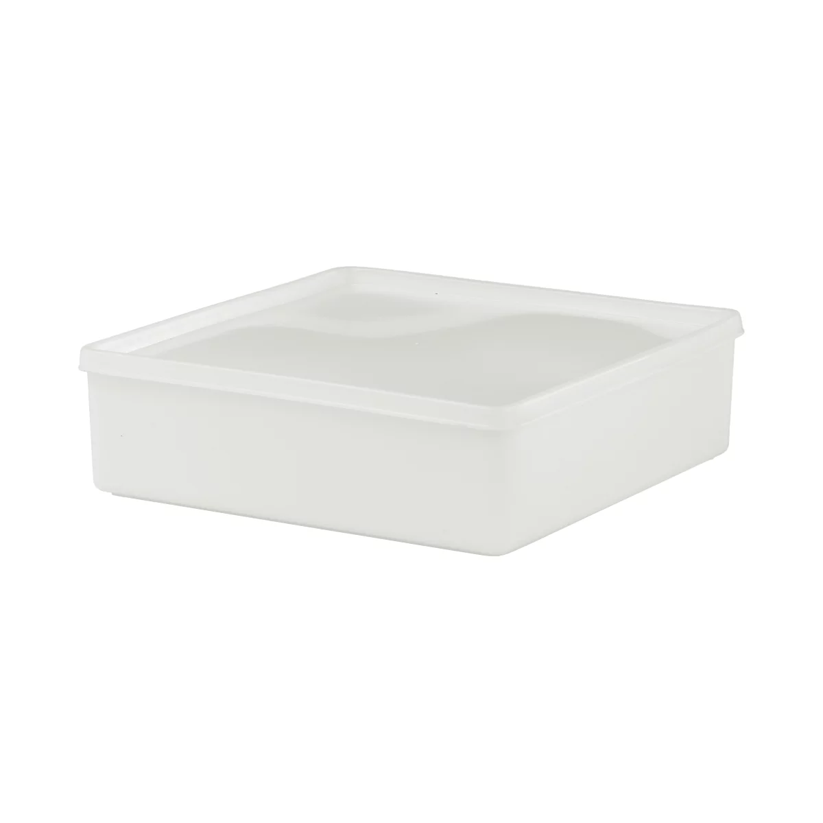 A rectangular, white plastic box with a lid. The lid rests loosely and overlaps the box edges.
