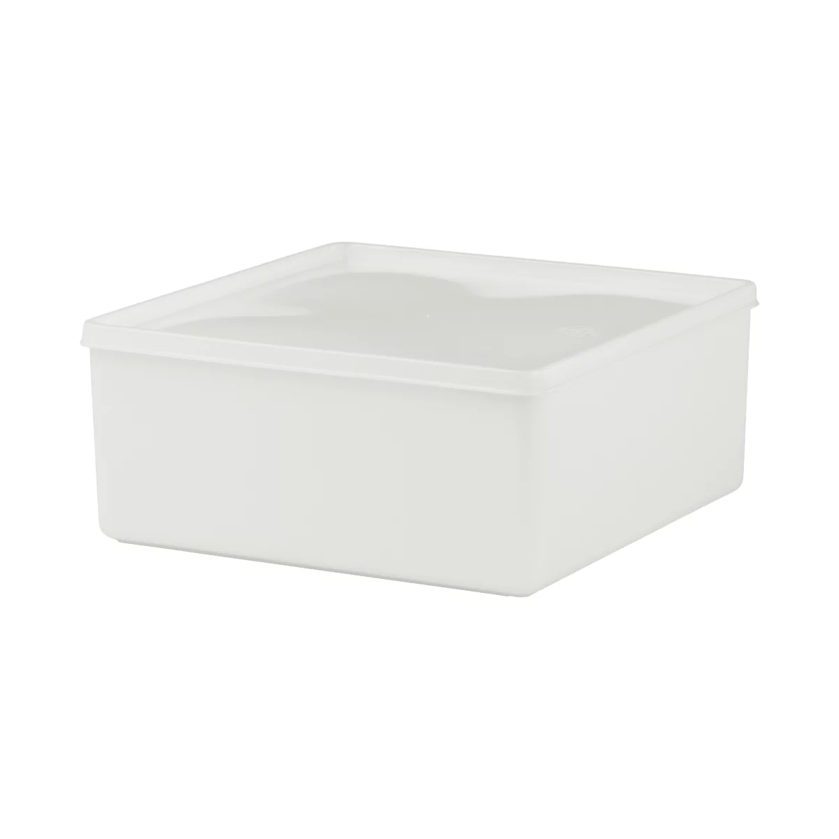 White, rectangular plastic box with transparent lid. On a neutral background.