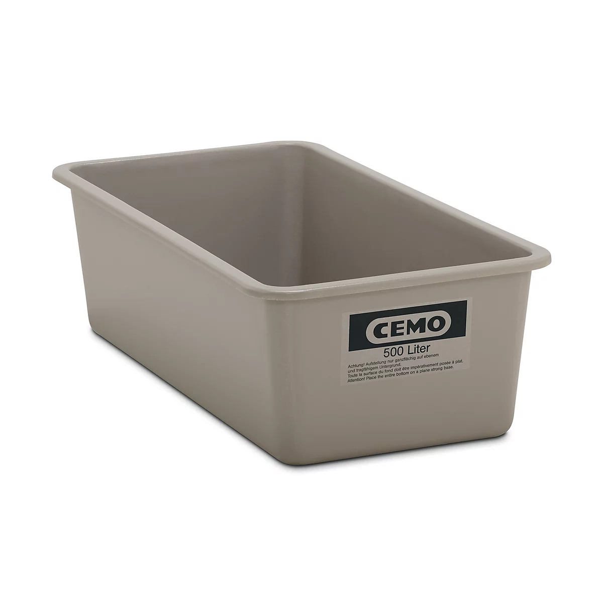 Rectangular, beige plastic tub with the label "CEMO 500 Liters".