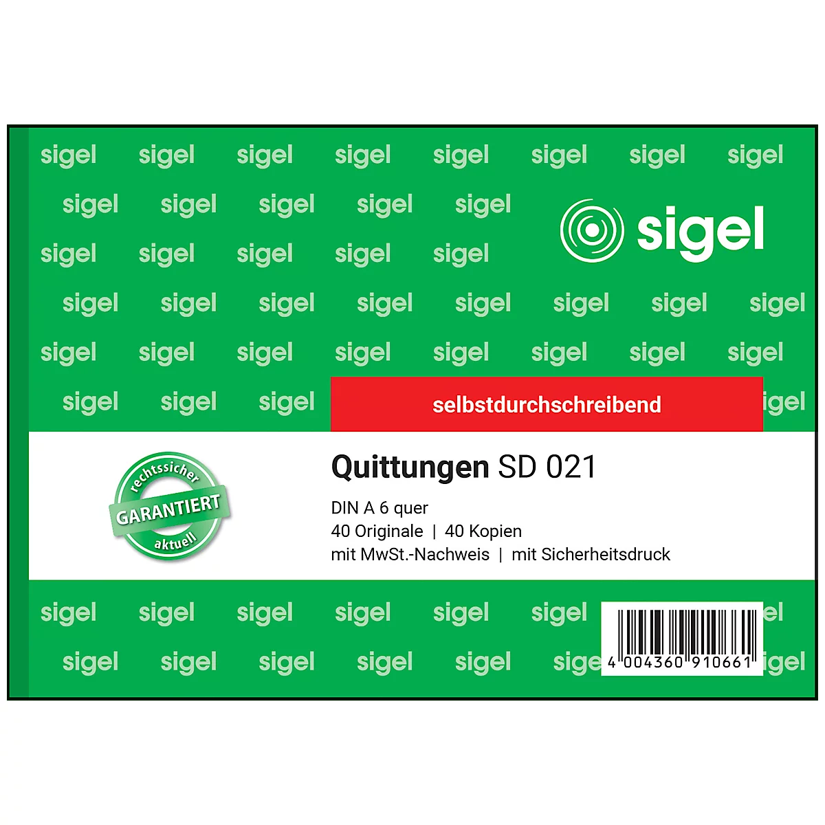Reçus avec TVA SD021 sigel®, format A6 paysage, 2 x 40 feuilles, papier autocopiant