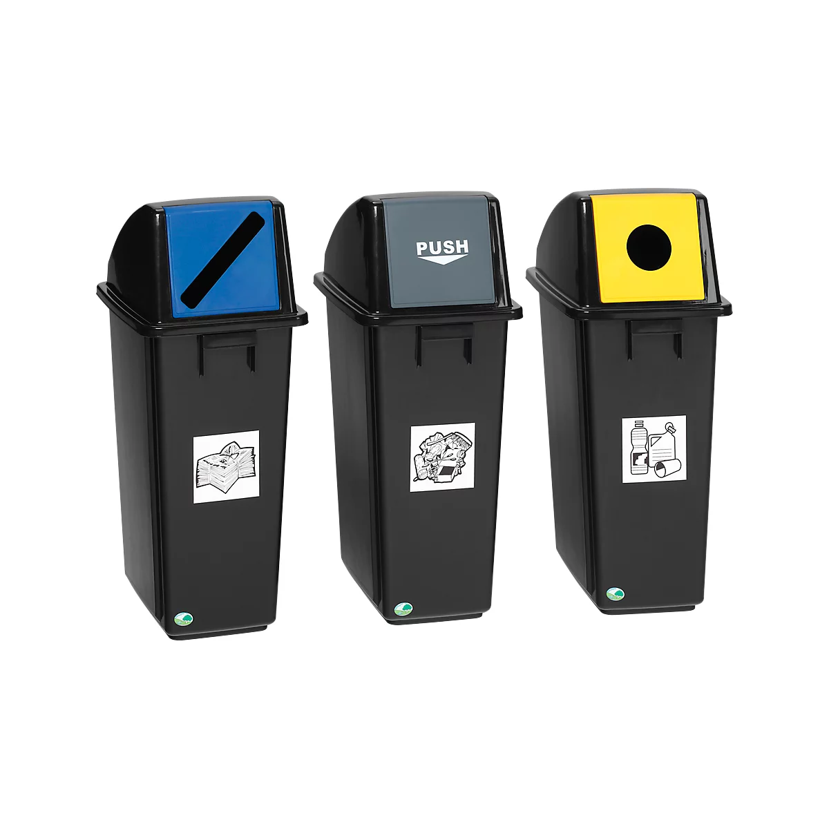 Three black trash cans with colored lids: blue with a stripe, gray with 'PUSH', and yellow with a hole. Pictograms below.
