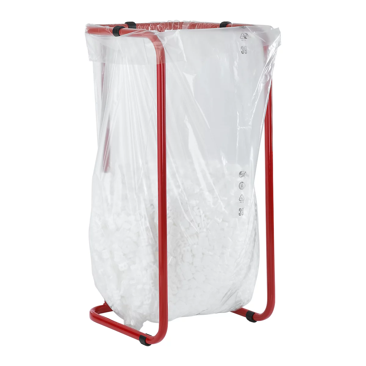 Red trash bag holder with transparent trash bag filled with white styrofoam flakes.