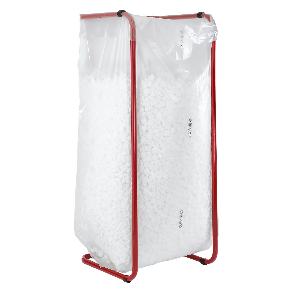 A red frame holds a plastic bag filled with white styrofoam flakes.