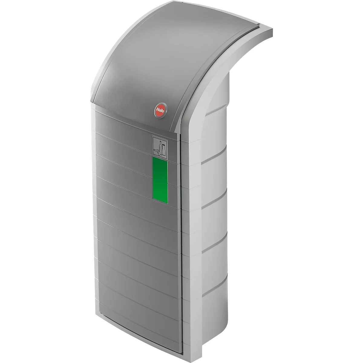 Gray waste container with curved lid, green field and red button.