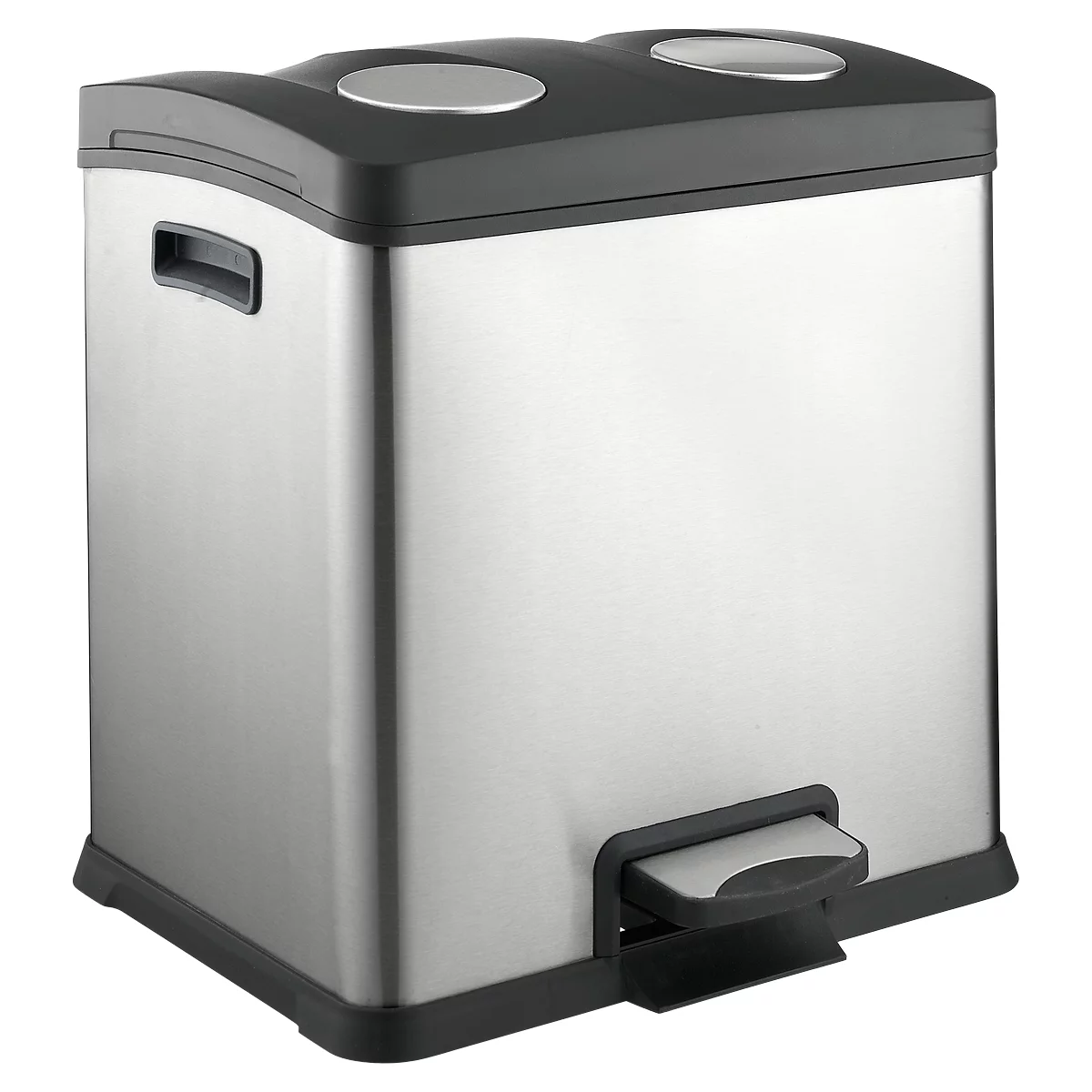 Rectangular stainless steel step trash can, with black lid and two openings. A foot pedal at the base.