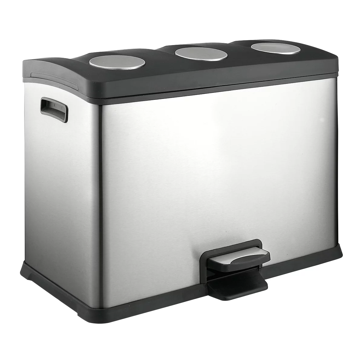 Gray trash can with three compartments, black lid, and foot pedal.