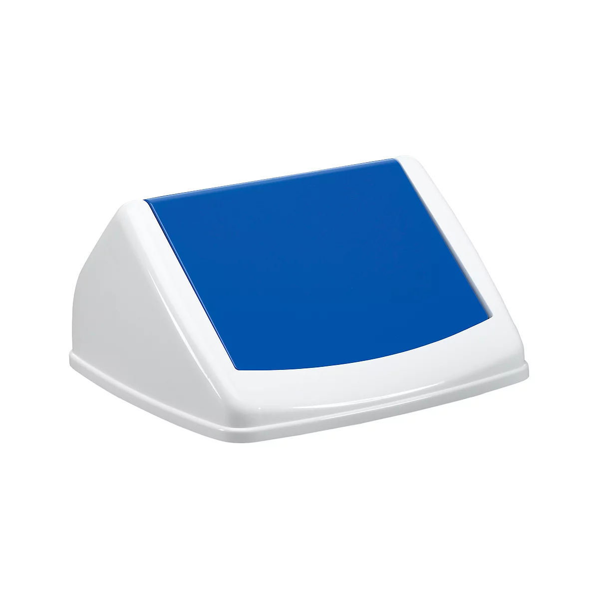White, trapezoidal object with a blue surface. The sloping surface of the top is blue, the rest white.