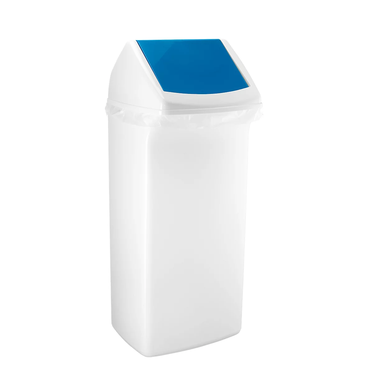 White trash can with blue lid. Inner garbage bag visible.