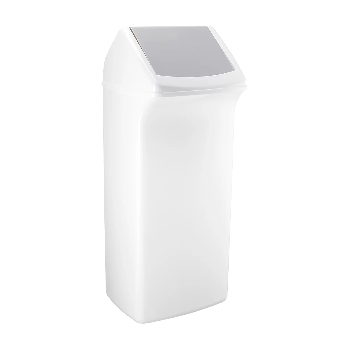 White trash can with gray lid, square shape.