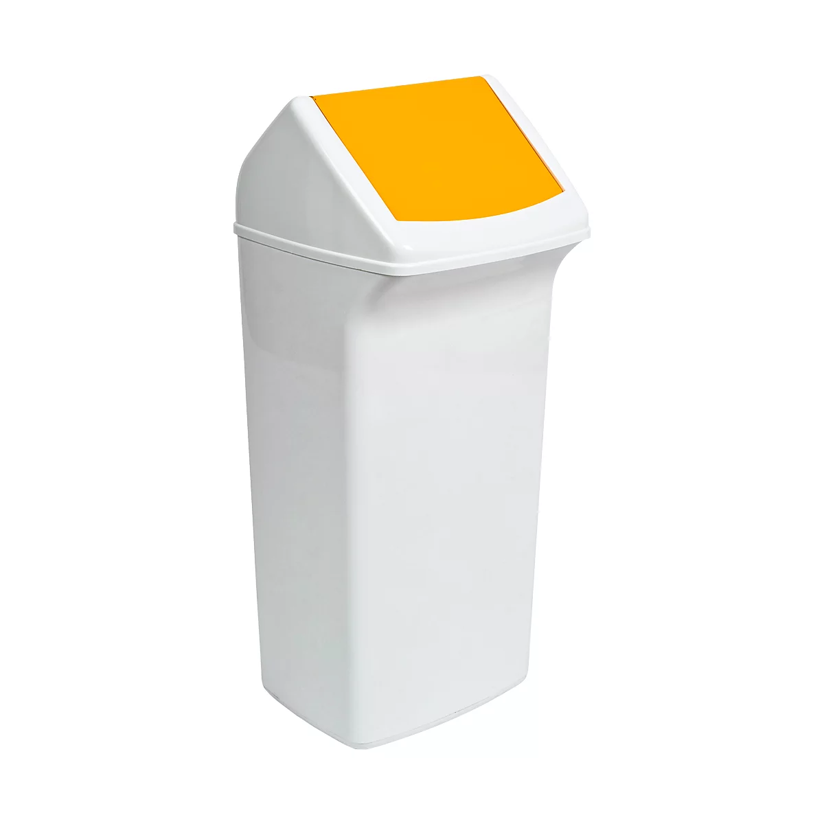 White trash can with yellow lid.