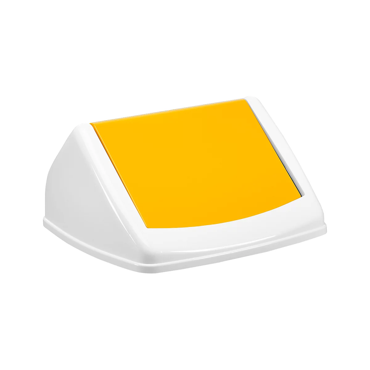 White trash can with yellow lid, angled view.