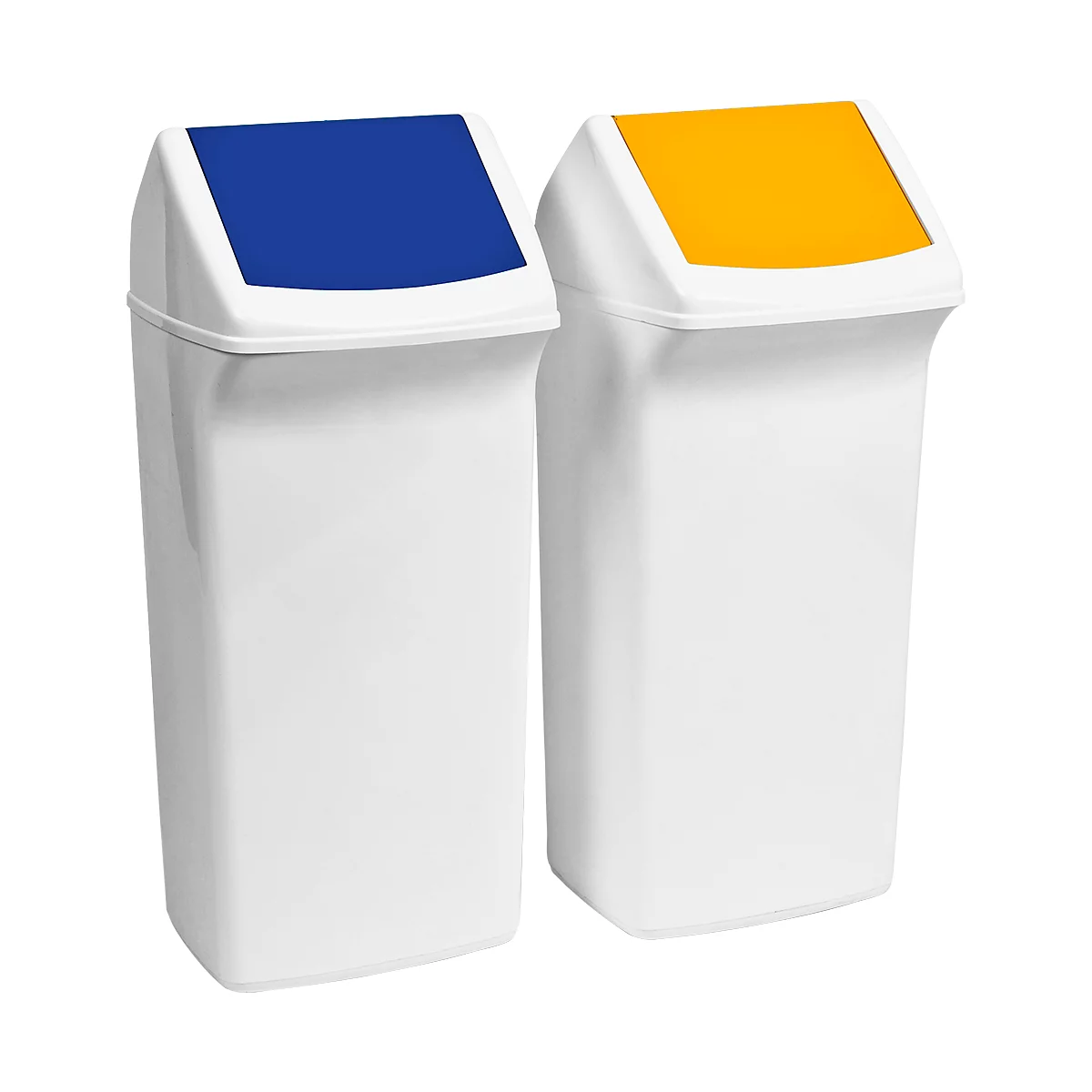 Two white trash cans with colored lids, one blue, one yellow.