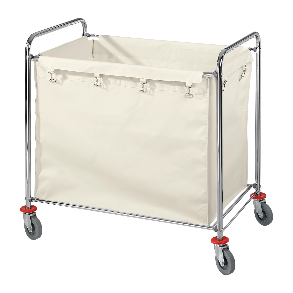 Laundry cart with a cream-colored fabric bag and metal frame on wheels. Bag secured with metal clips.