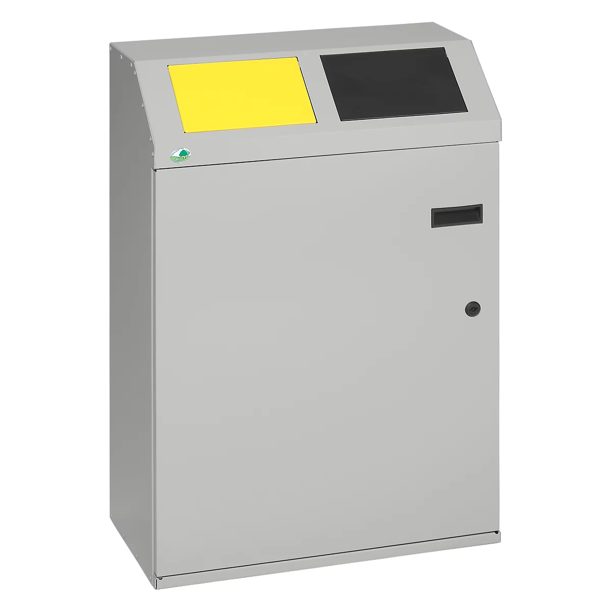 Grey waste bin with yellow and black openings. A small green logo is on the top.