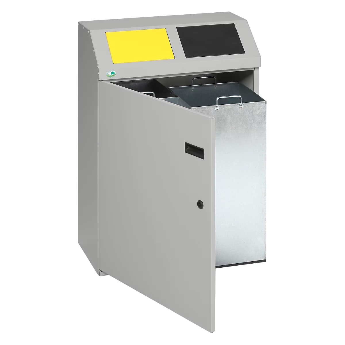 Grey trash can with yellow and black lids. Open door reveals metal container.