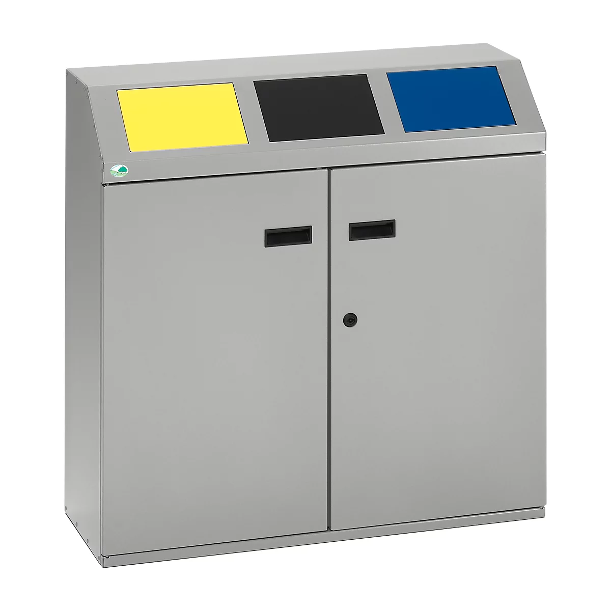 Gray trash can with three colored openings: yellow, black, blue. Two doors with handles, a green logo.