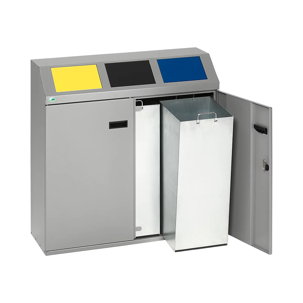 Gray waste container with yellow, black and blue lids and open doors.