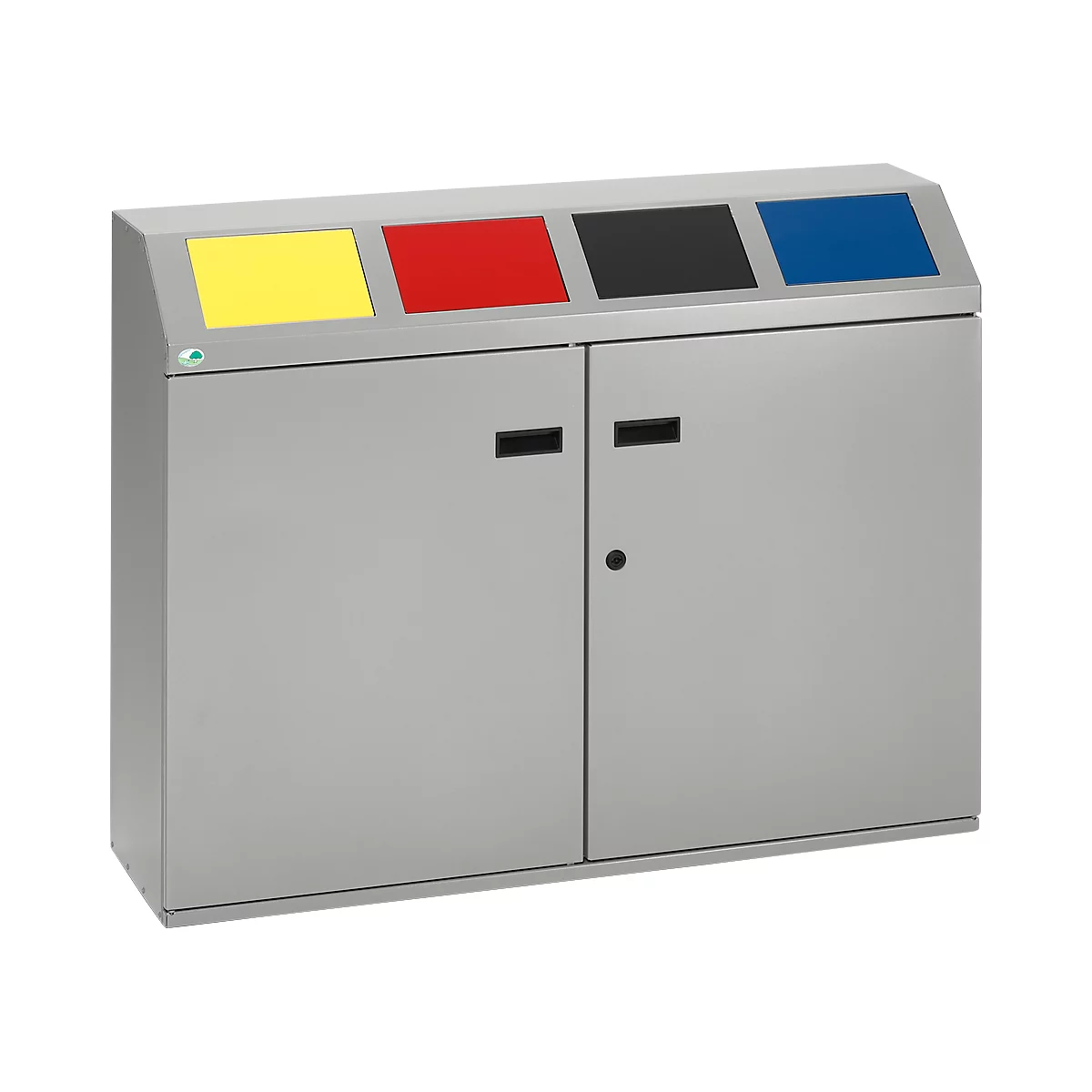 Gray recycling bin with four colored input openings: yellow, red, black, blue. The doors have black handles.