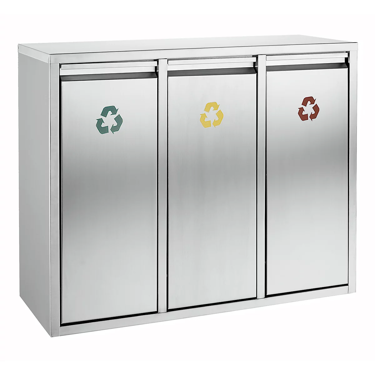 Stainless steel recycling bin with three compartments, recycling symbols in green, yellow and brown.