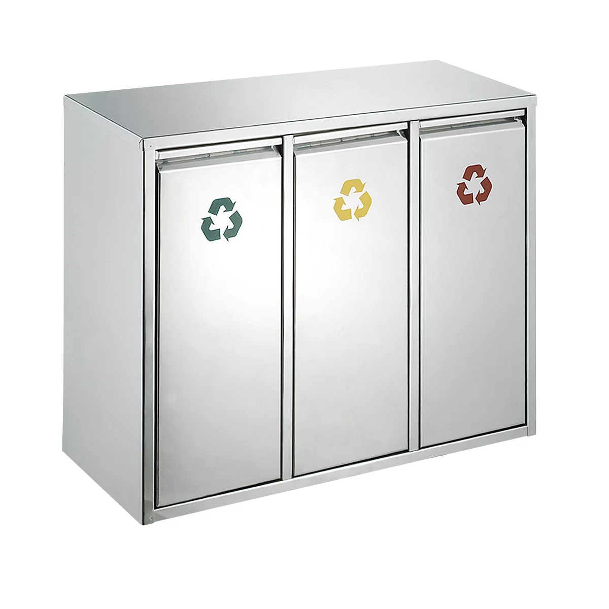 Stainless steel recycling bin with three compartments, colored recycling symbols.