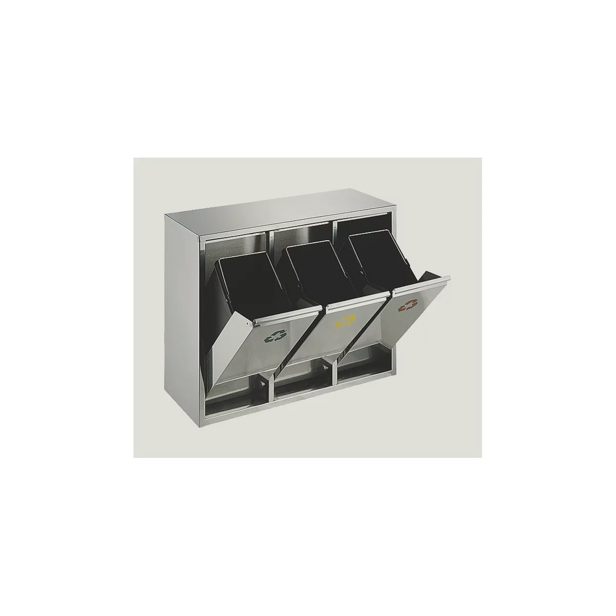 Stainless steel waste separation system with three compartments, opened. Each compartment has a recycling symbol in green, yellow and red.