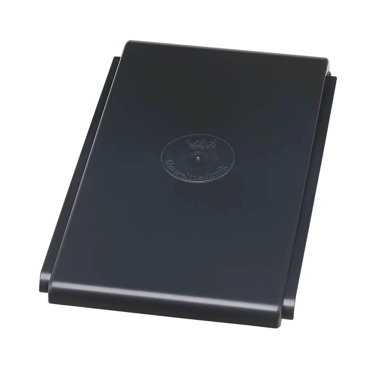 Dark rectangular cover with embossed logo.