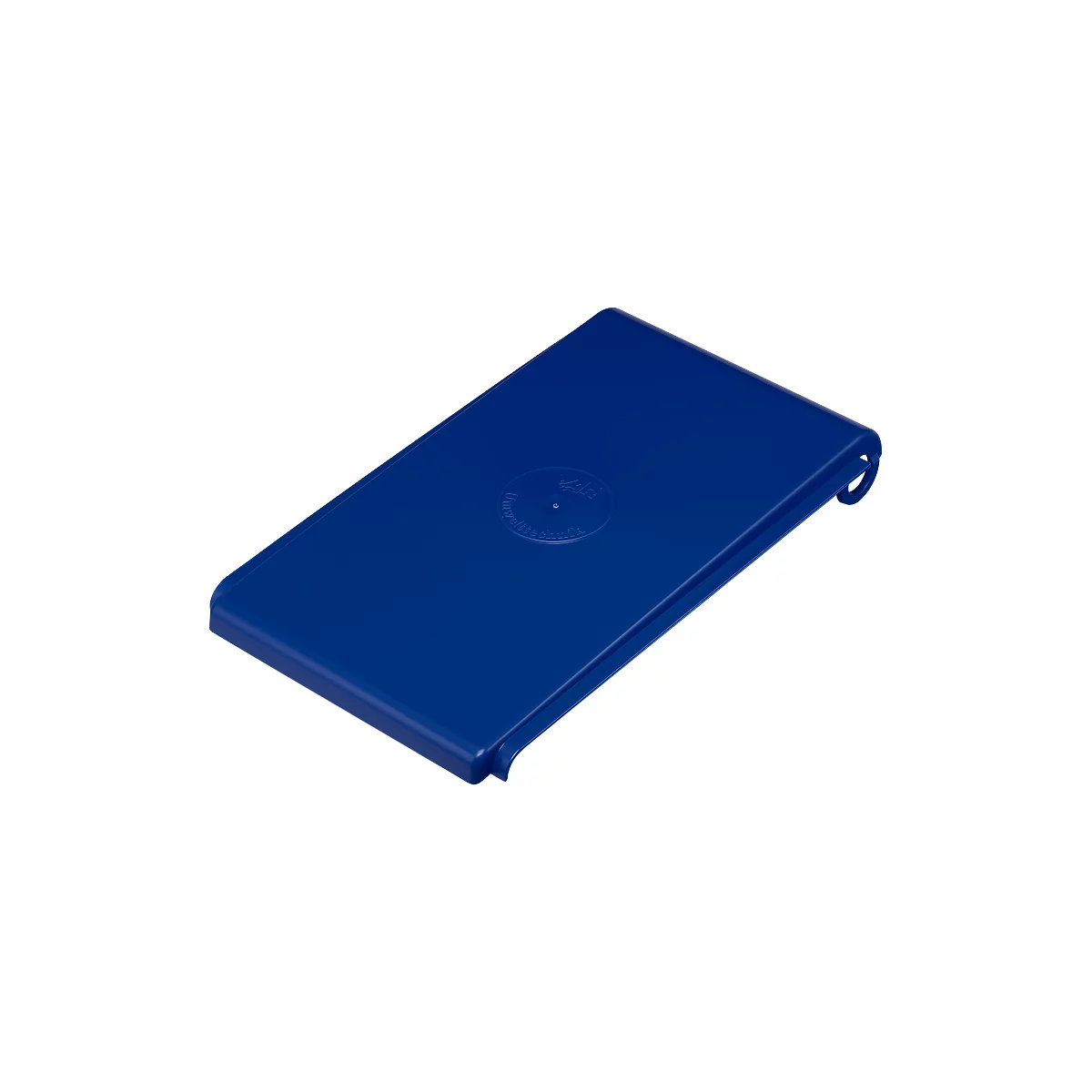 Blue rectangular lid with rounded edges and a circular logo.