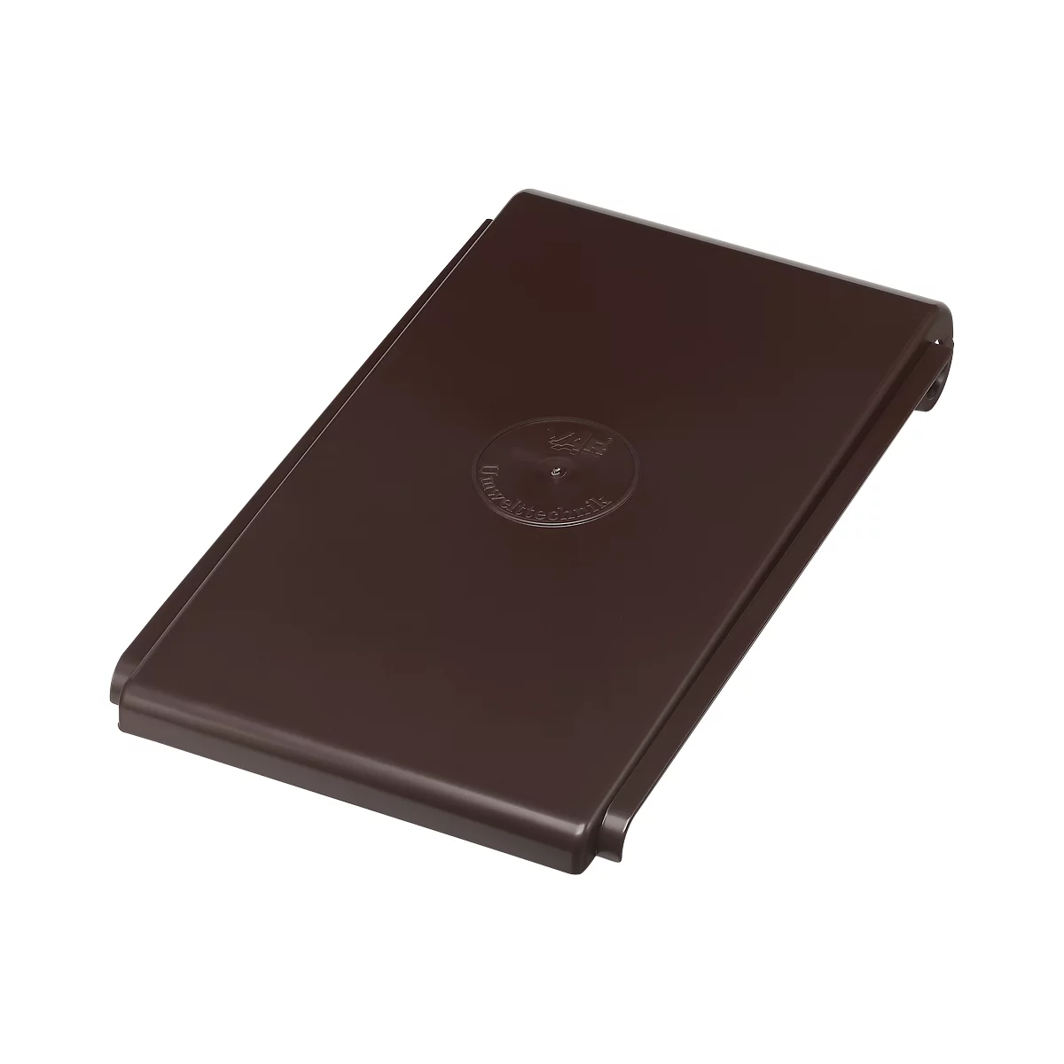 Brown, rectangular cover with rounded edges. A circular logo is visible in the center.