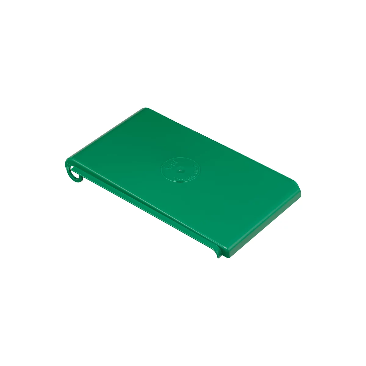 Green plastic cover, rectangular, with hanger and raised circle.