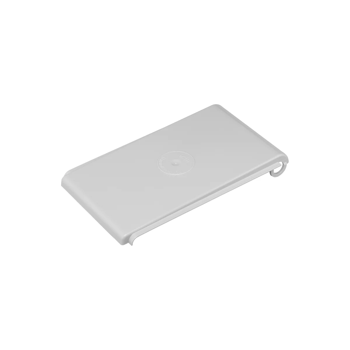 Gray plastic cover with rounded corners and a raised circle in the middle. A hook protrudes.