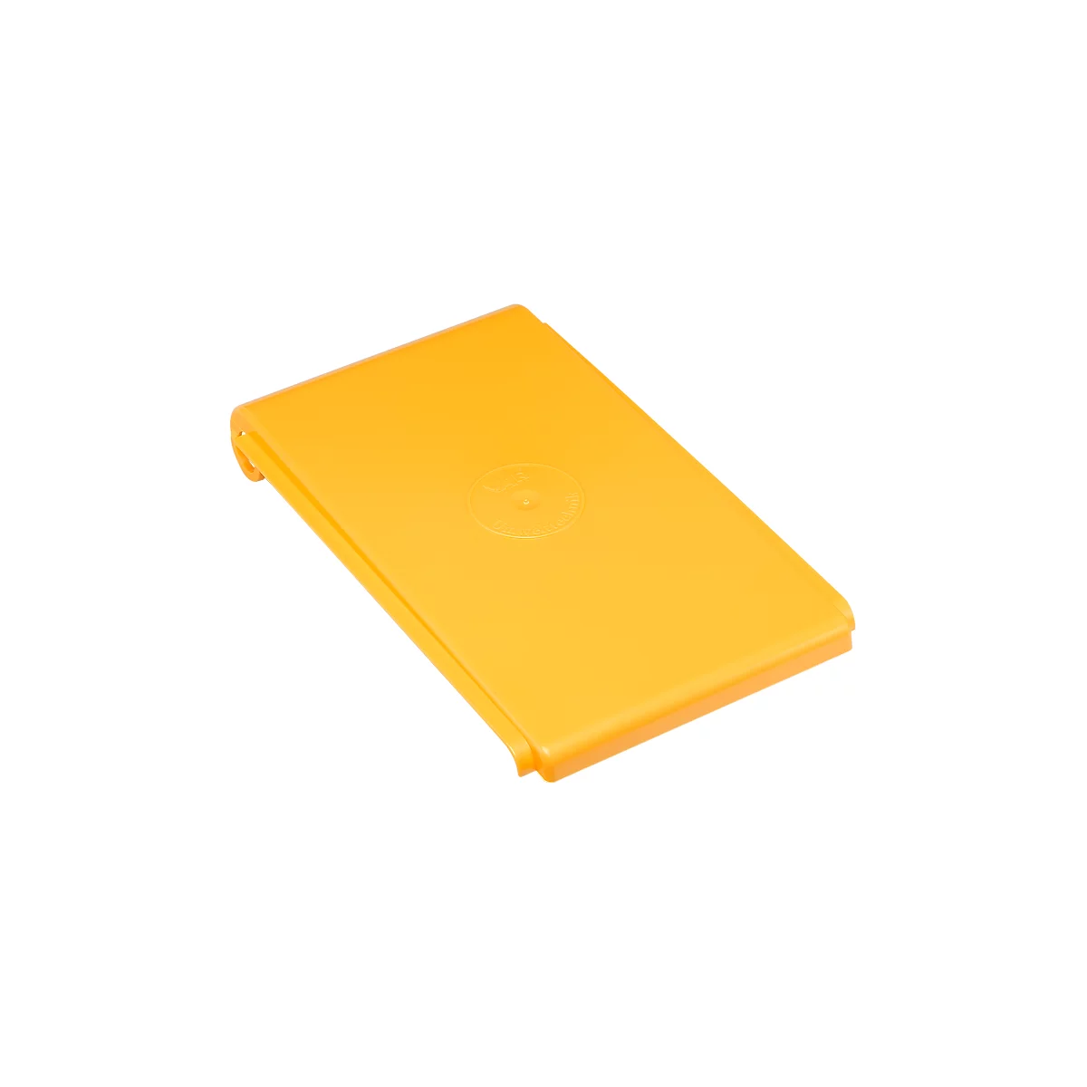 Rectangular yellow lid, slightly angled. A raised, round pattern is in the middle.