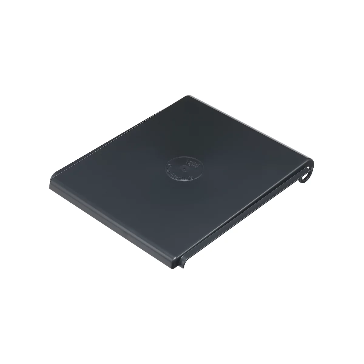Dark gray lid with rounded corners. Embossed logo in the middle.