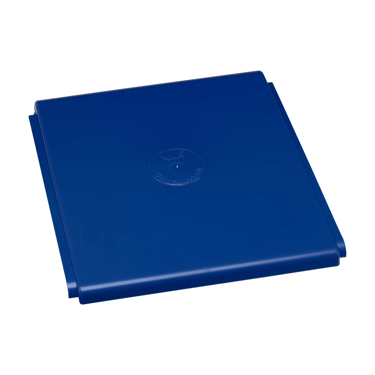 Blue, square lid with rounded edges and a small, round logo in the center.