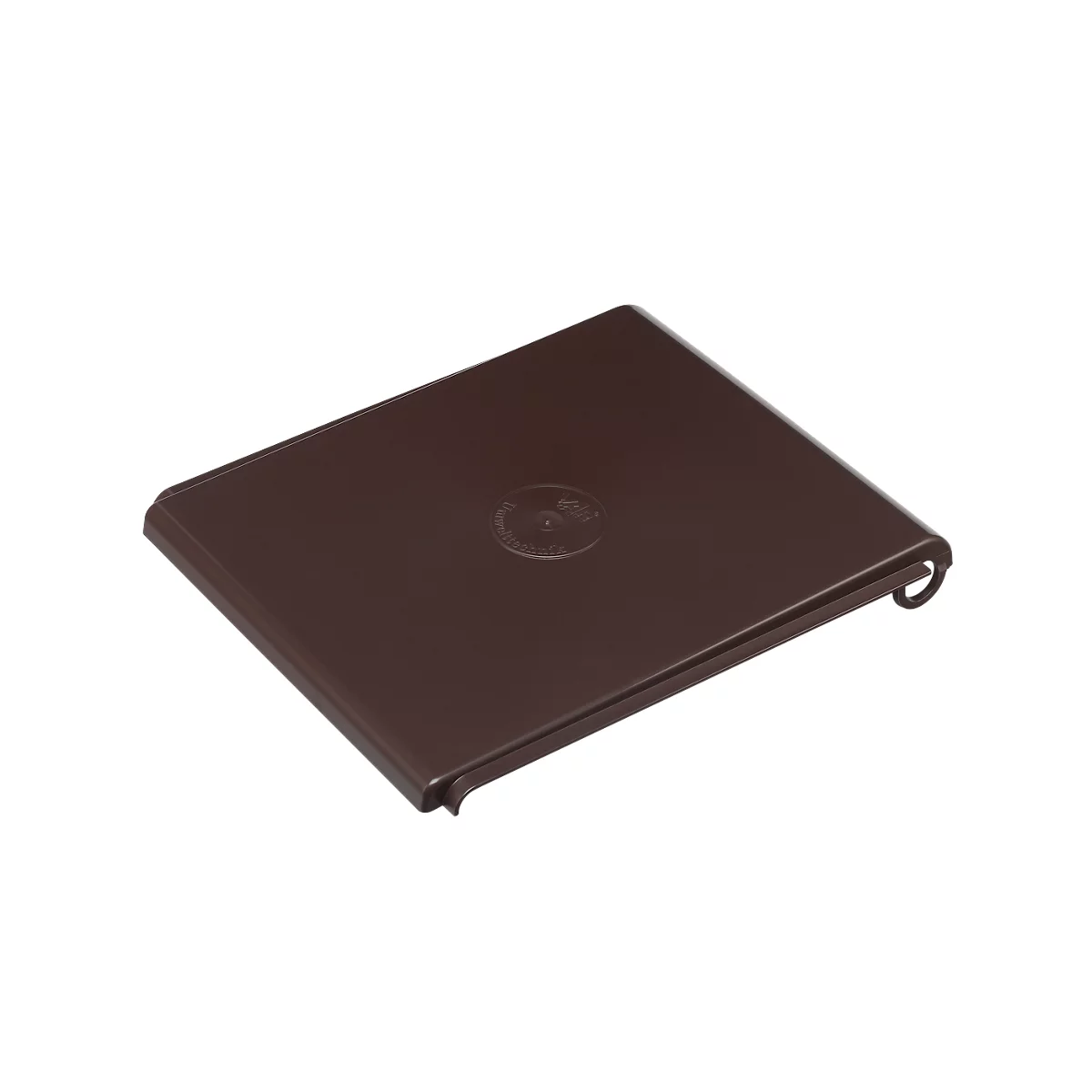 Brown, rectangular cover, slightly angled, with a round detail in the middle. A hook is visible on the side.