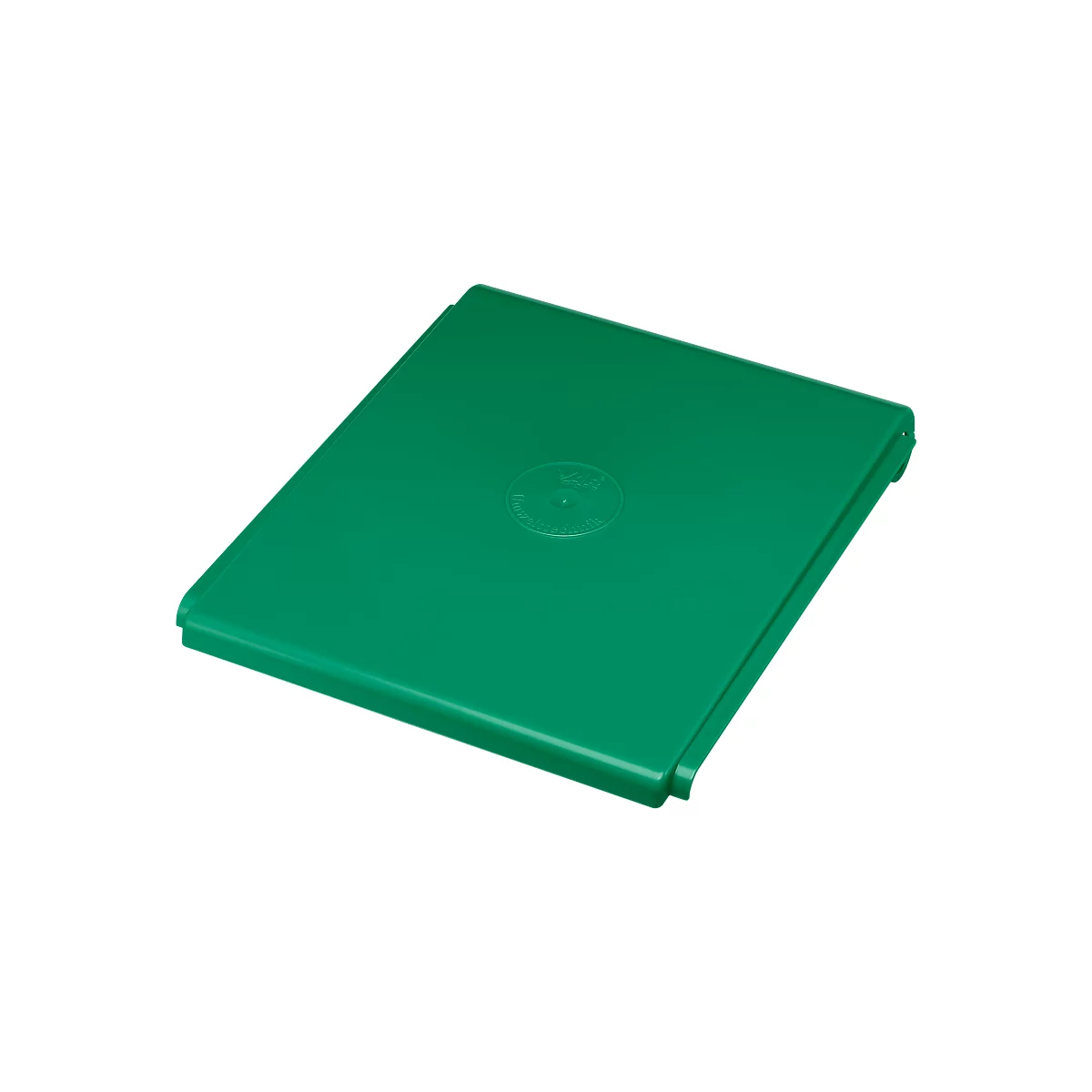 A rectangular, green plastic cover with rounded corners. There is a raised, circular pattern in the middle.