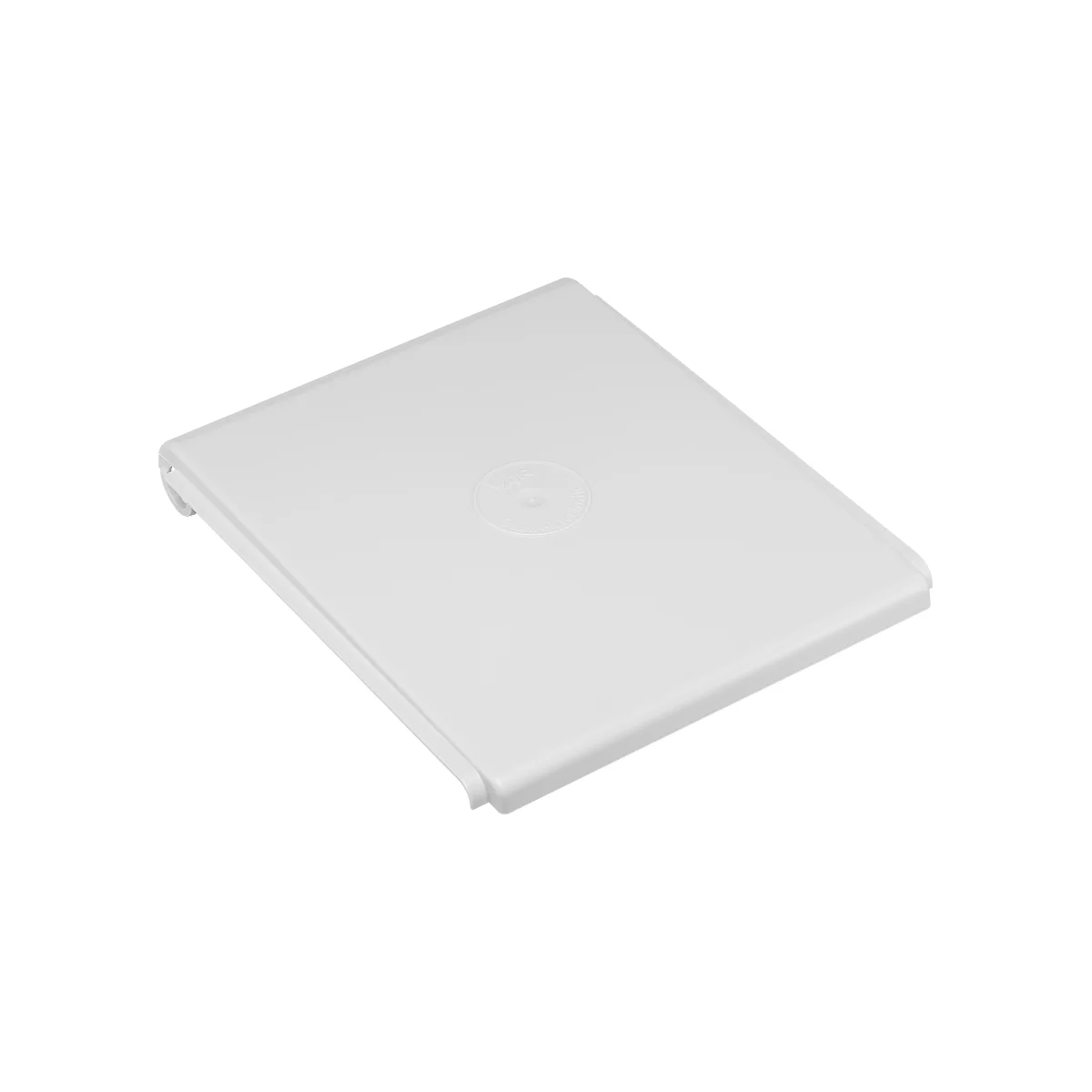 A rectangular, white plastic cover with slightly rounded edges. A logo is subtly embossed.