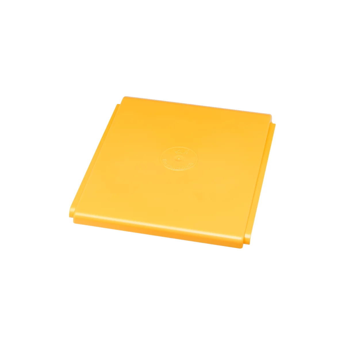 Yellow, square bowl with raised edge. A logo is embossed in the center.