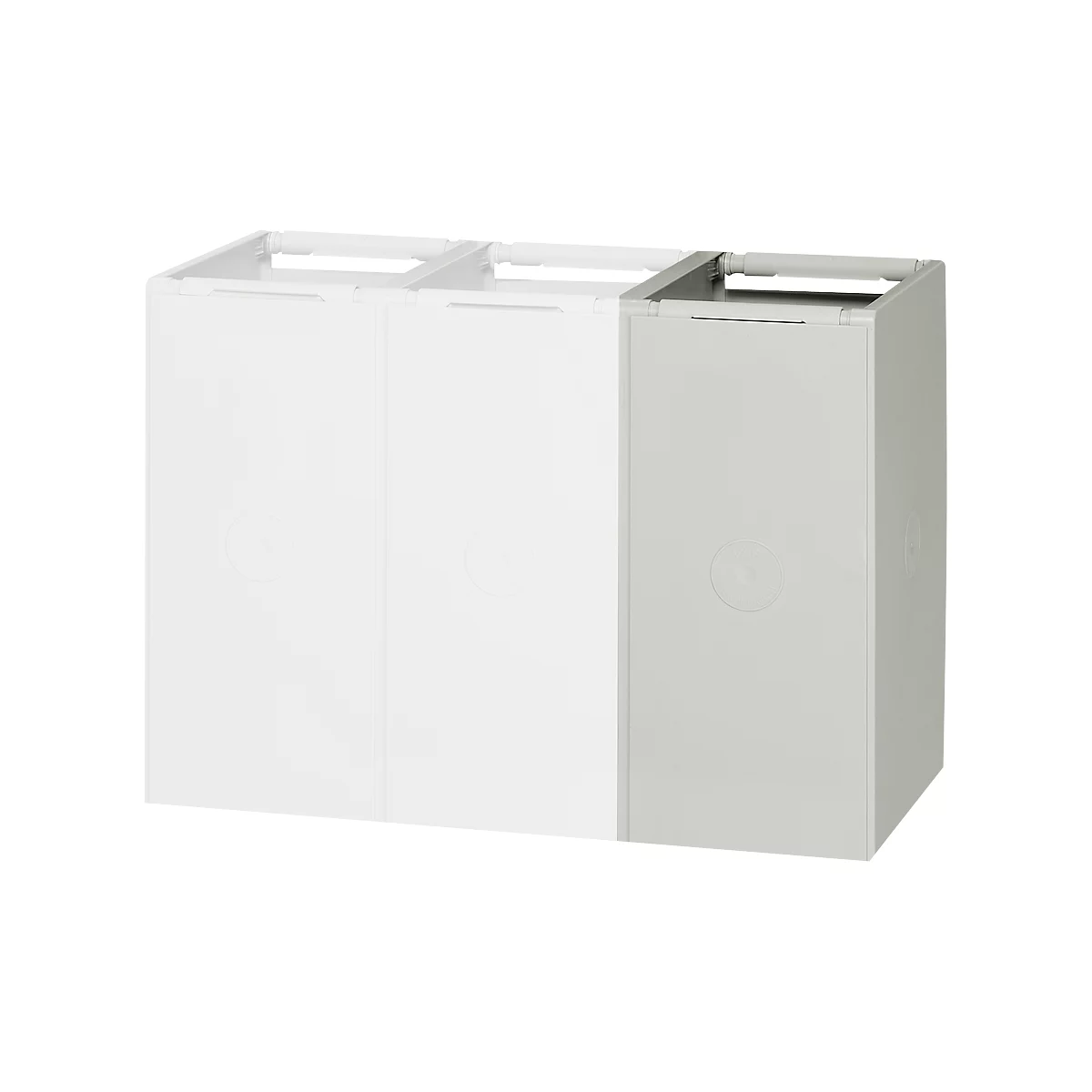 Triple trash bin, white and gray. Two handles at the top. Round details are visible on the sides.