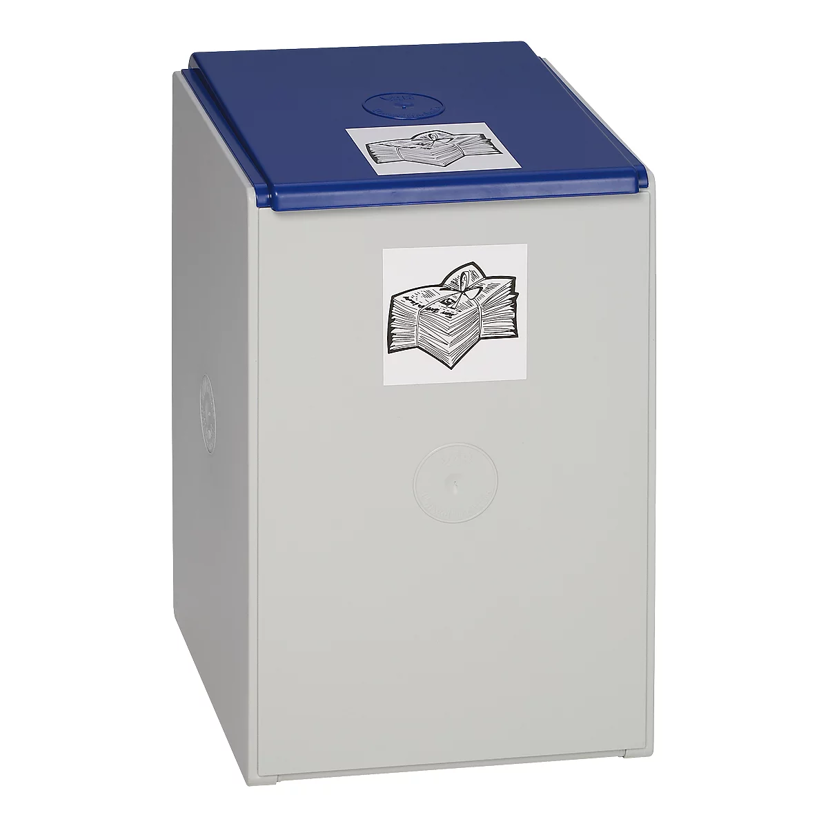 Gray cube container with blue lid and stickers. The container has stickers of stacks of money on the top and front.