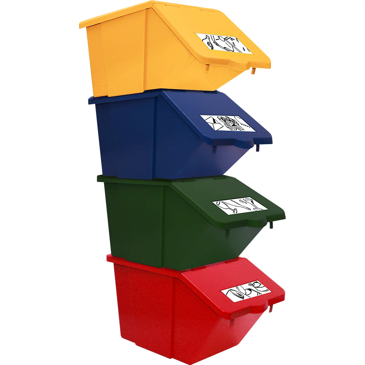 Recyclebare afvalverzamelaar Ökonom, 45 l, als set van 4 of afzonderlijk, stapelbaar, L 550 x B 310 x H 300 mm, diverse kleuren. Kleuren