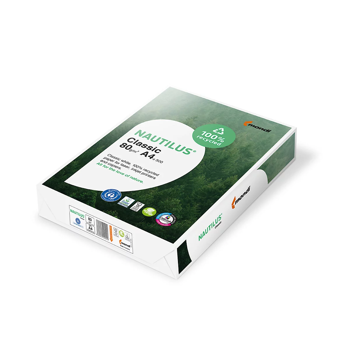 A pack of white paper, 'NAUTILUS Classic'. Text: 100% recycled, A4 size.