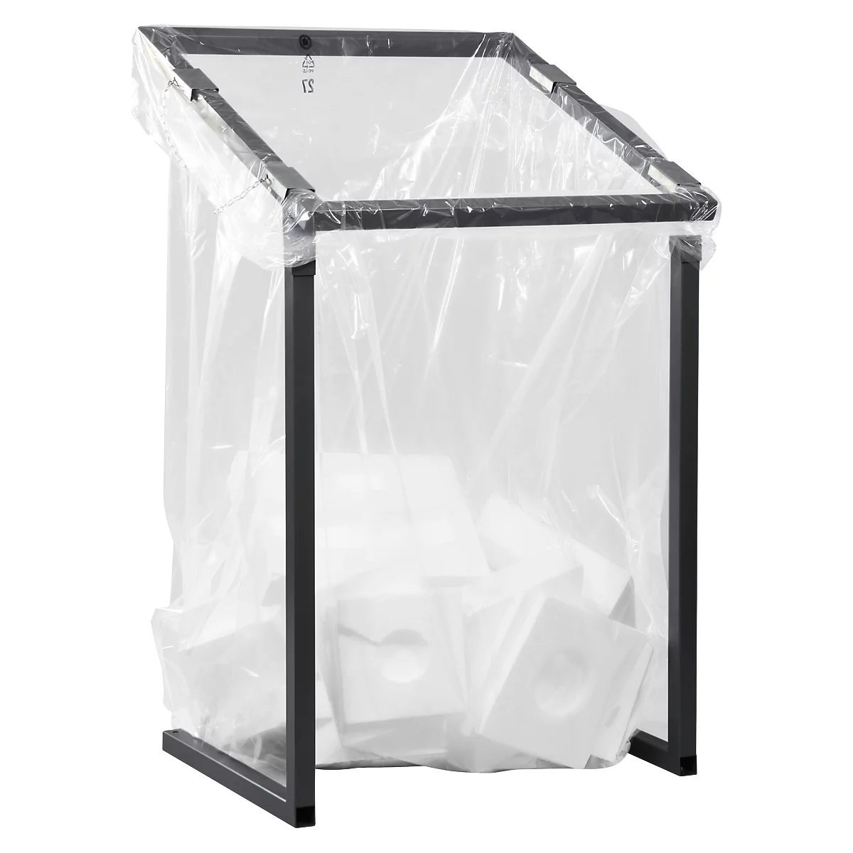 Black metal frame with plastic bag filled with white styrofoam shapes. The bag is held by the frame.