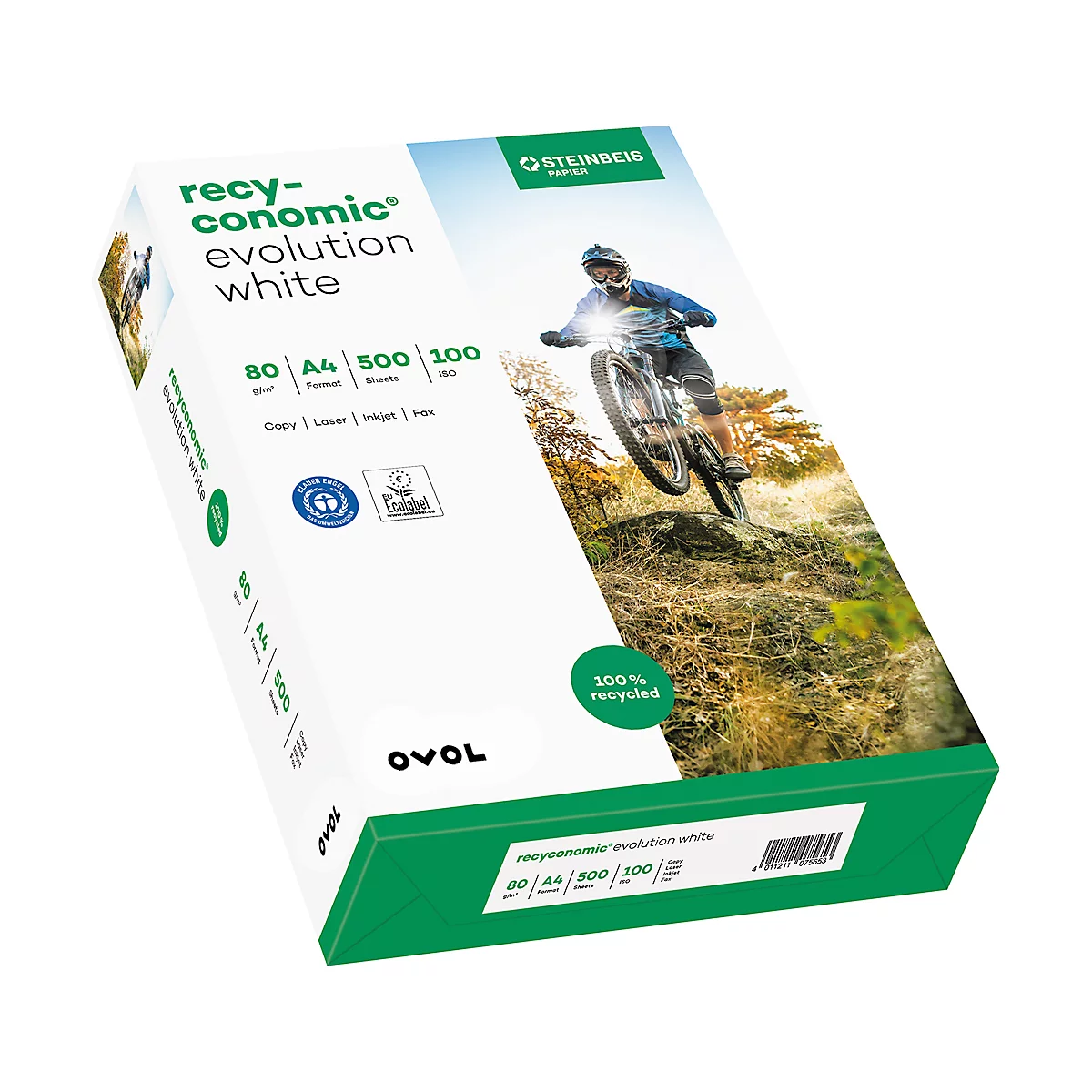 Weißes Papier im Karton. Aufgedruckt ist recy-conomic, evolution white. Im Hintergrund fährt ein Mountainbiker einen Hügel hinauf.