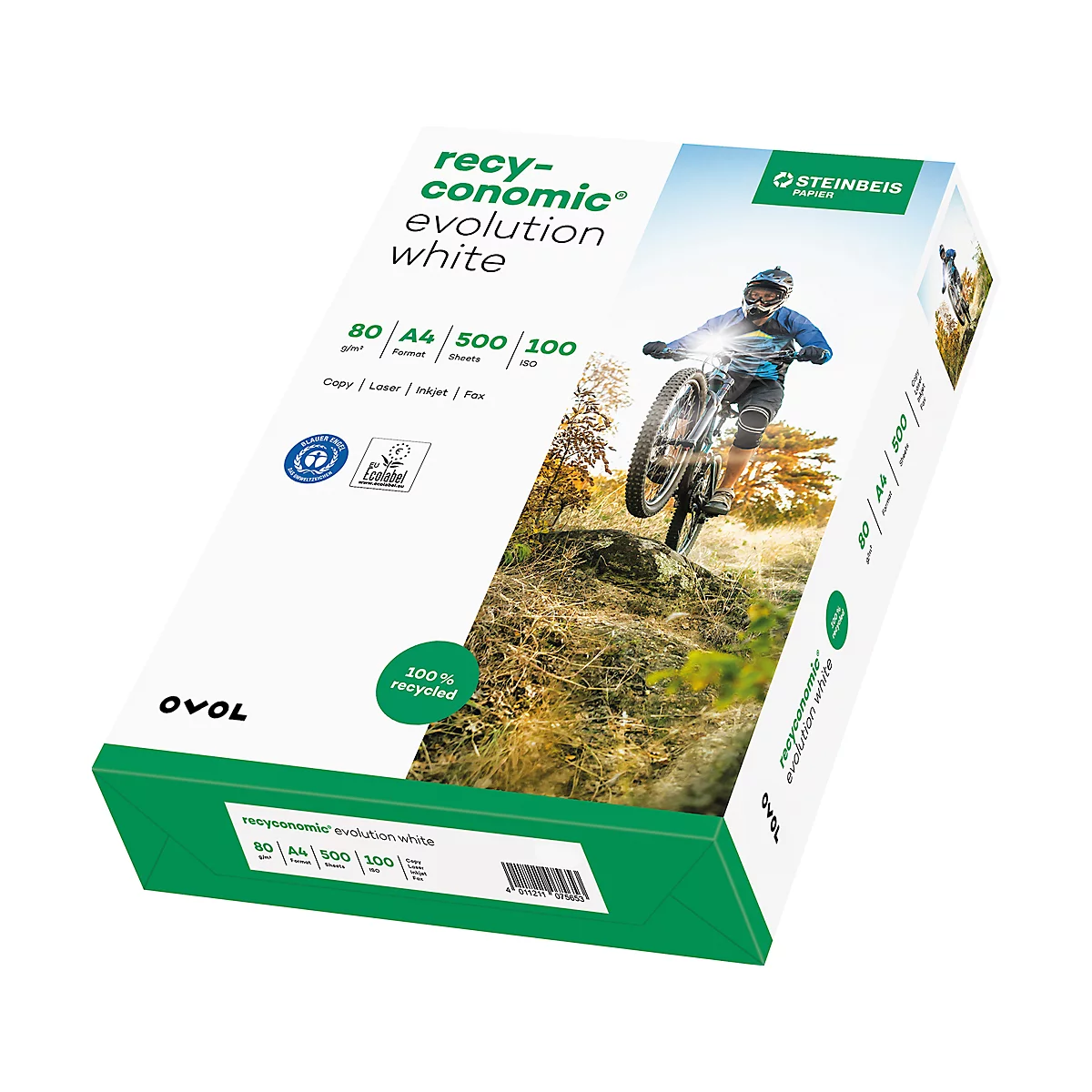 Papierpackung mit "recy-conomic evolution white"-Aufdruck, dahinter Mountainbiker.