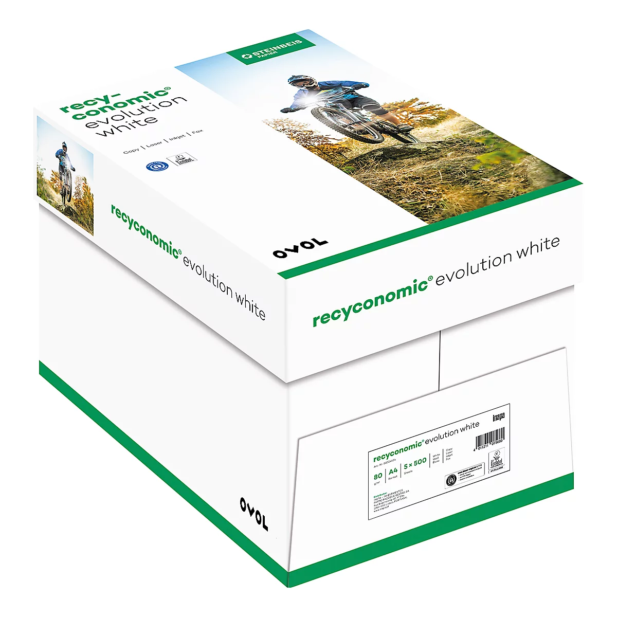 Weiße Papierkartons mit "recyconomic evolution white" Aufdruck. Oben ein Bild von einem Mountainbiker.