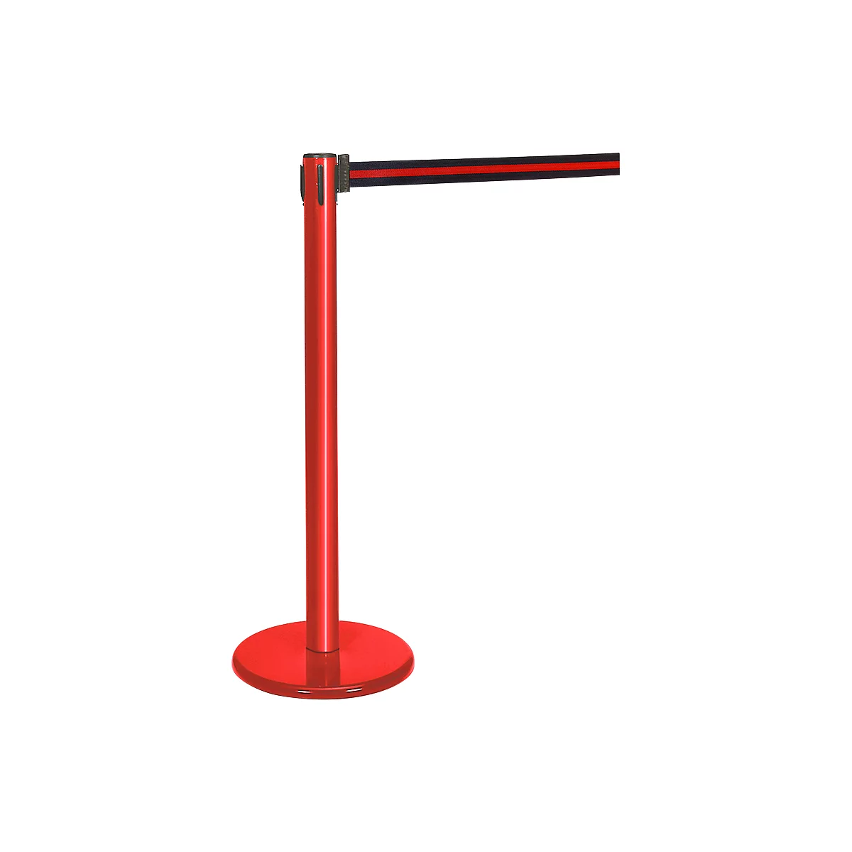 Red barrier post with retractable black and red striped belt.